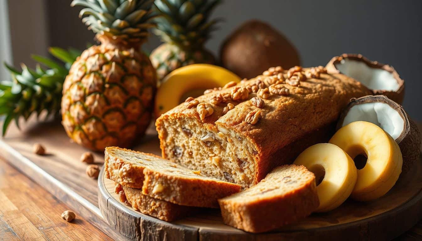 banana nut bread with pineapple and coconut