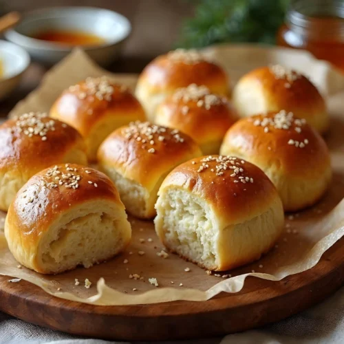 A plate of freshly baked, golden-brown dinner rolls made without yeast, served with a pat of melting butter, on a rustic wooden table.