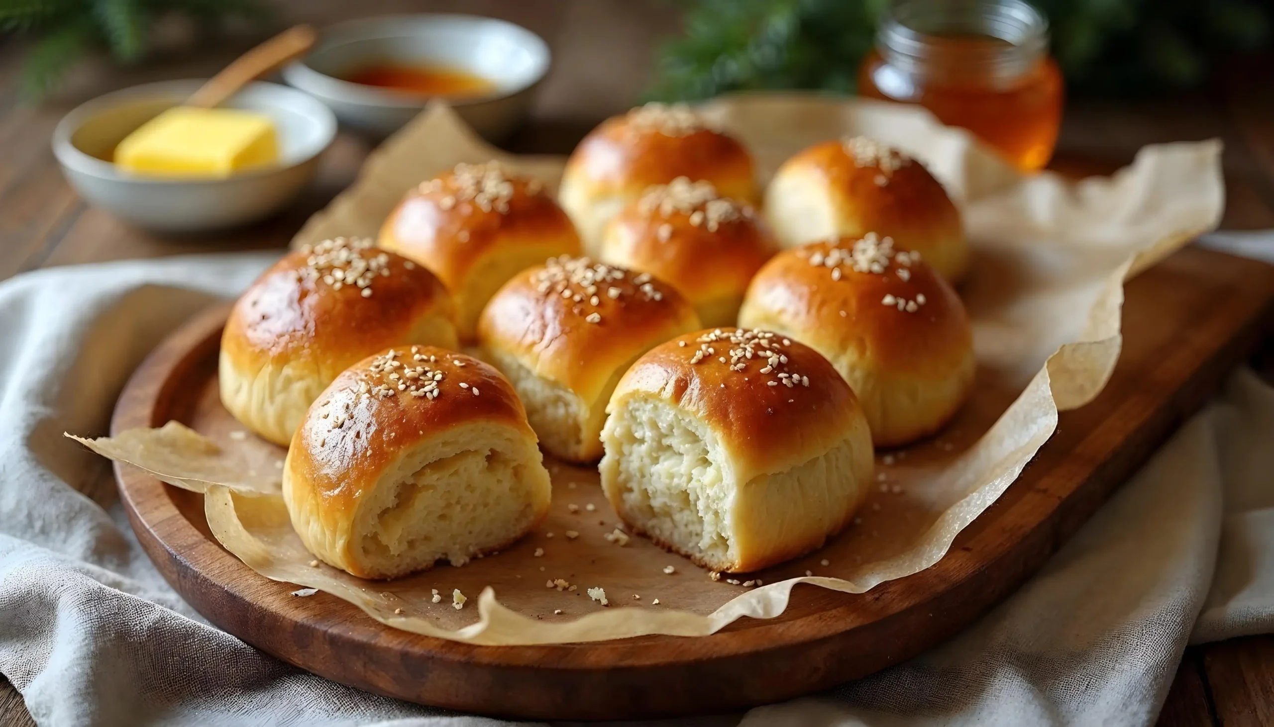 A plate of freshly baked, golden-brown dinner rolls made without yeast, served with a pat of melting butter, on a rustic wooden table.