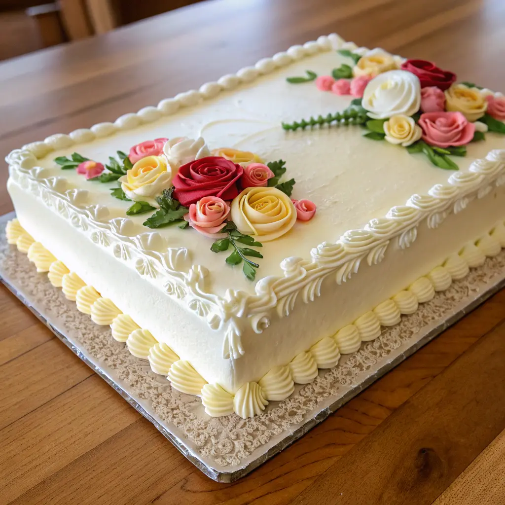 Full sheet cake with buttercream frosting and floral piping.