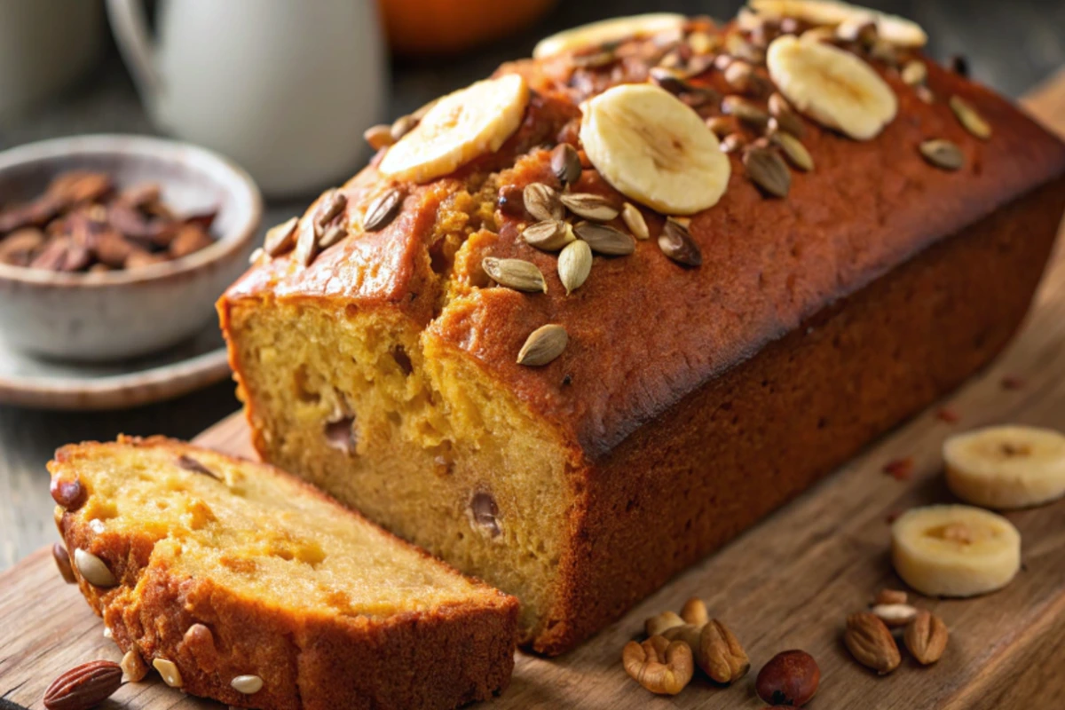 Freshly baked banana bread loaf.