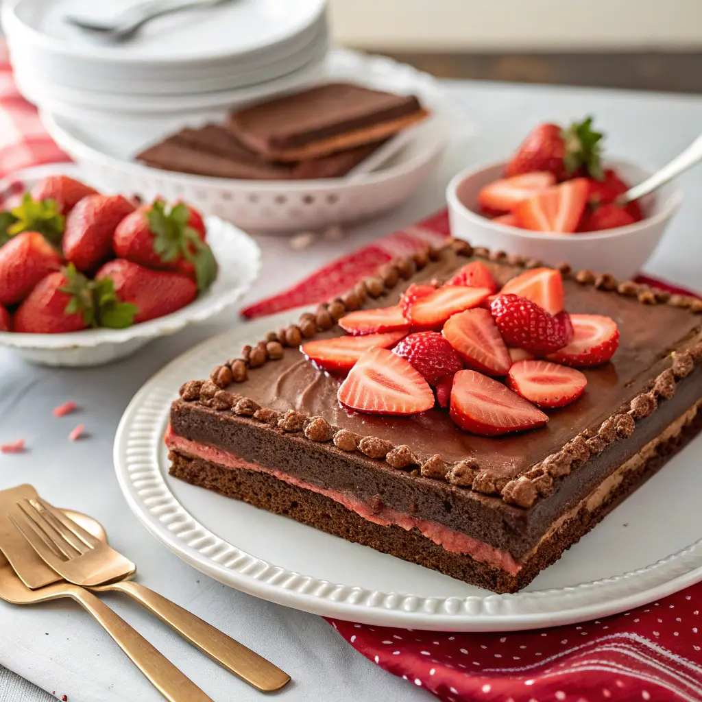 Half sheet cake with chocolate frosting and strawberries.