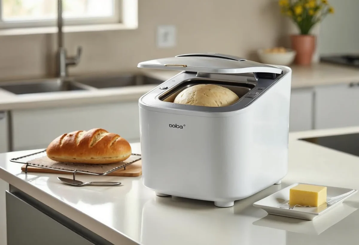 A bread machine kneading dough with a fresh loaf cooling nearby