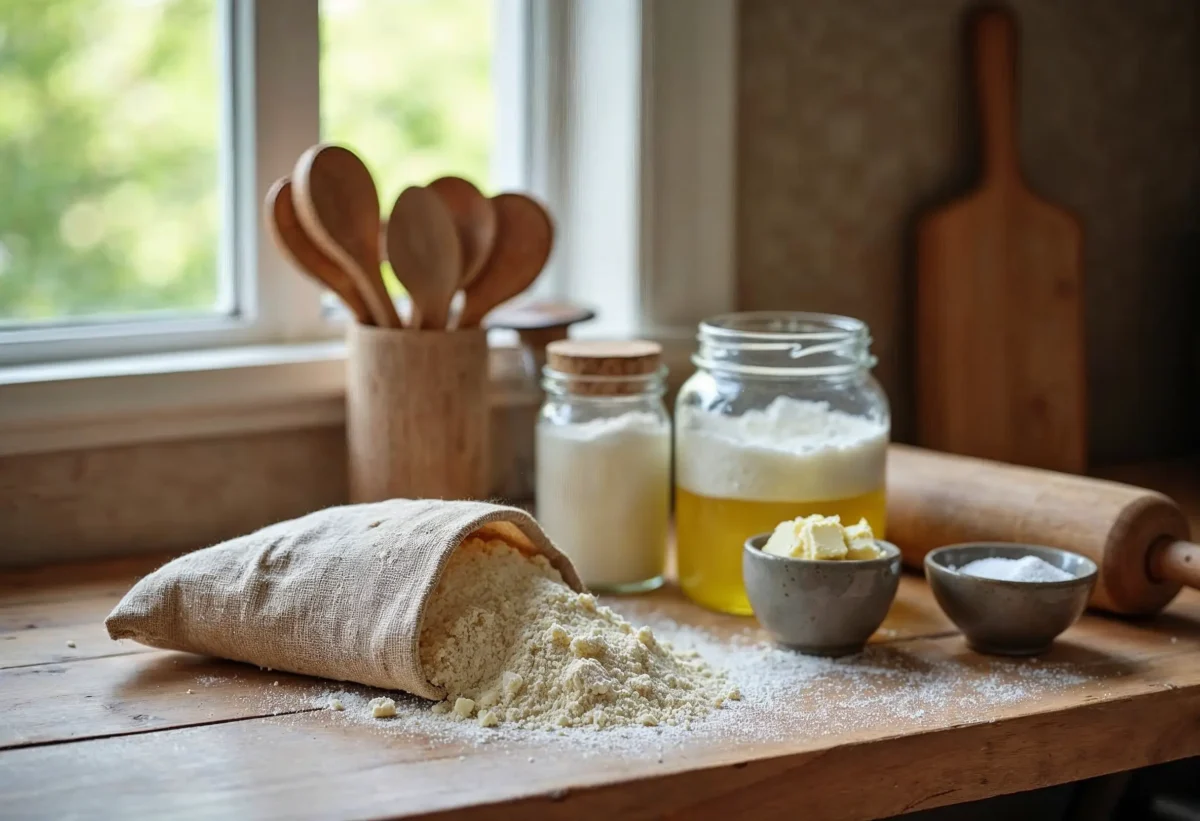 Ingredients for making homemade bread on a rustic kitchen counter.