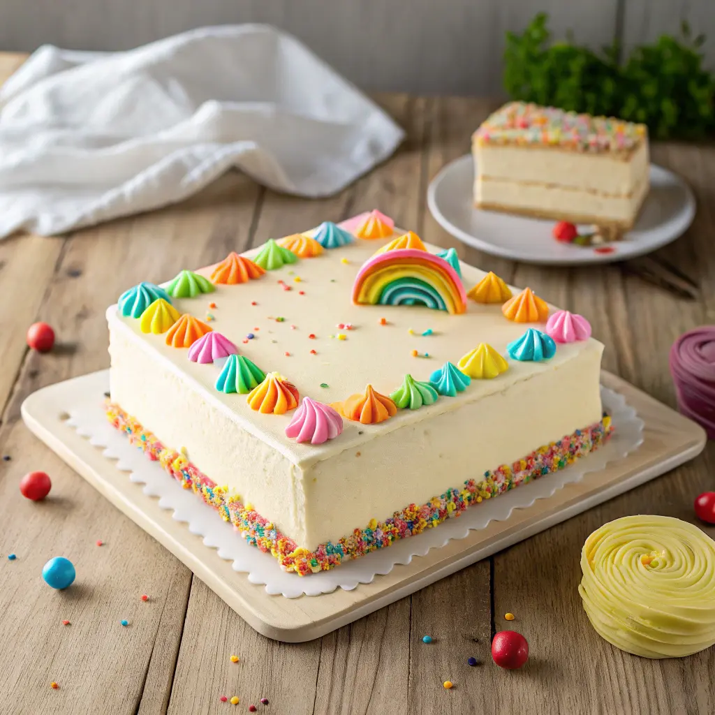 Vanilla sheet cake with funfetti and rainbow buttercream.