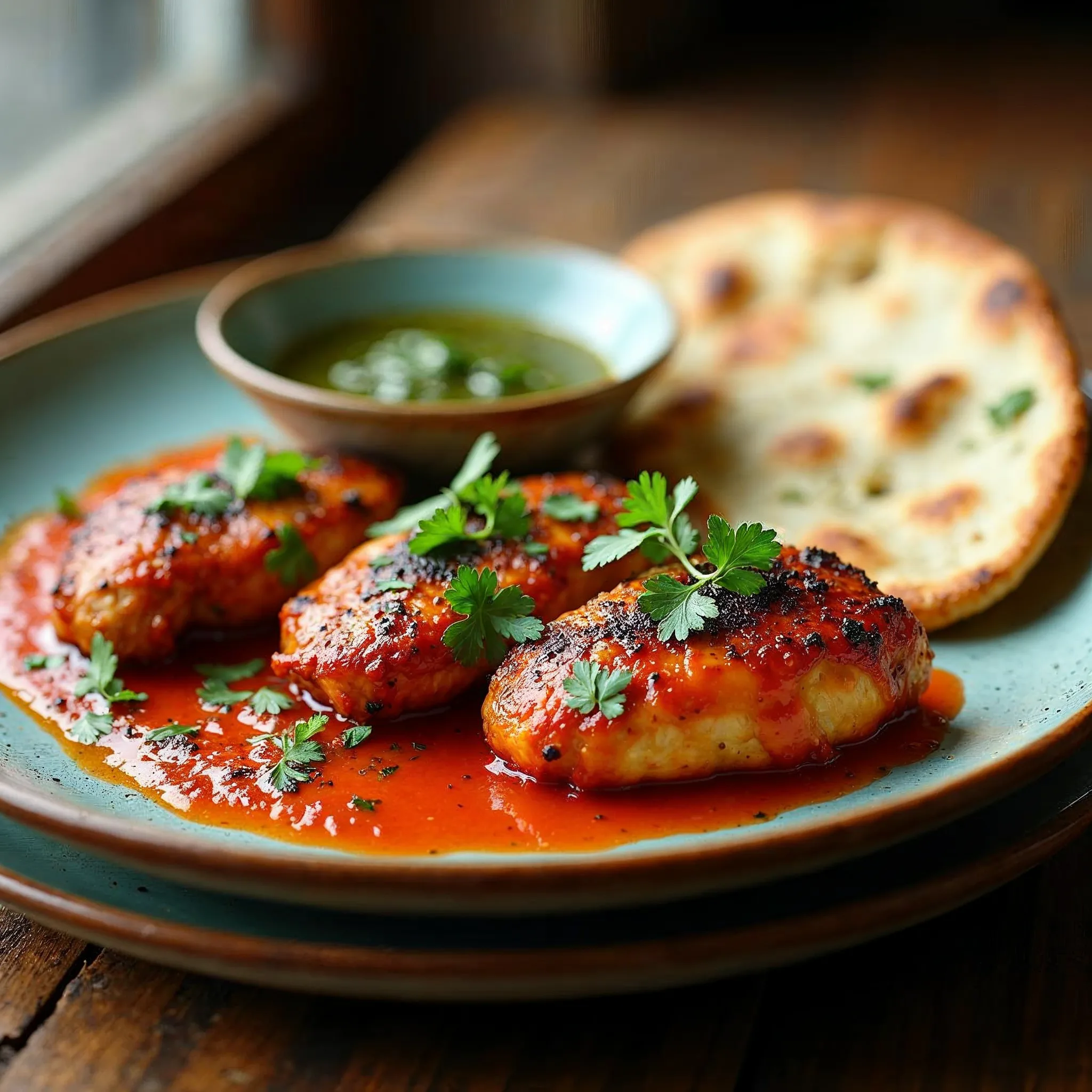 Tandoori chicken breast with naan and chutney