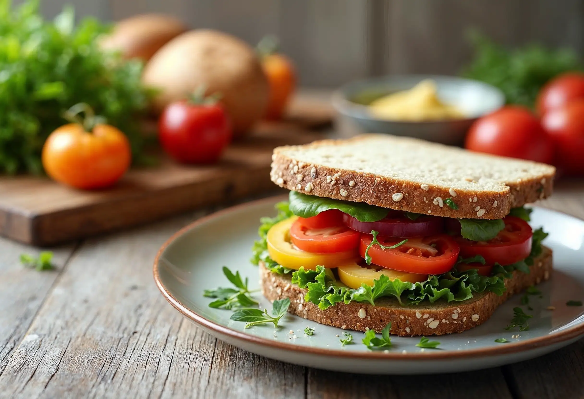 Wholemeal bread sandwich with avocado and cherry tomatoes.