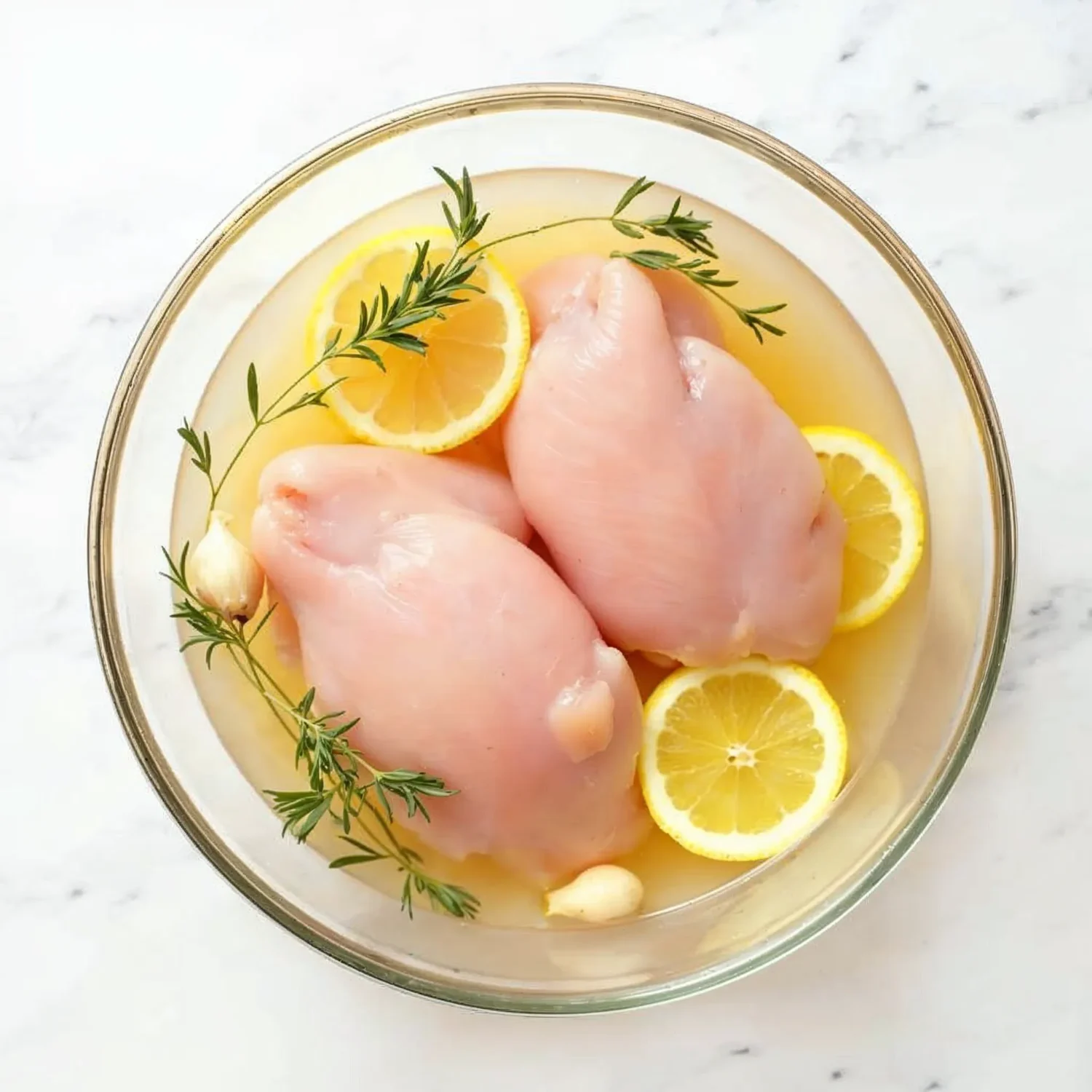 Chicken breasts in brine with garlic and lemon.