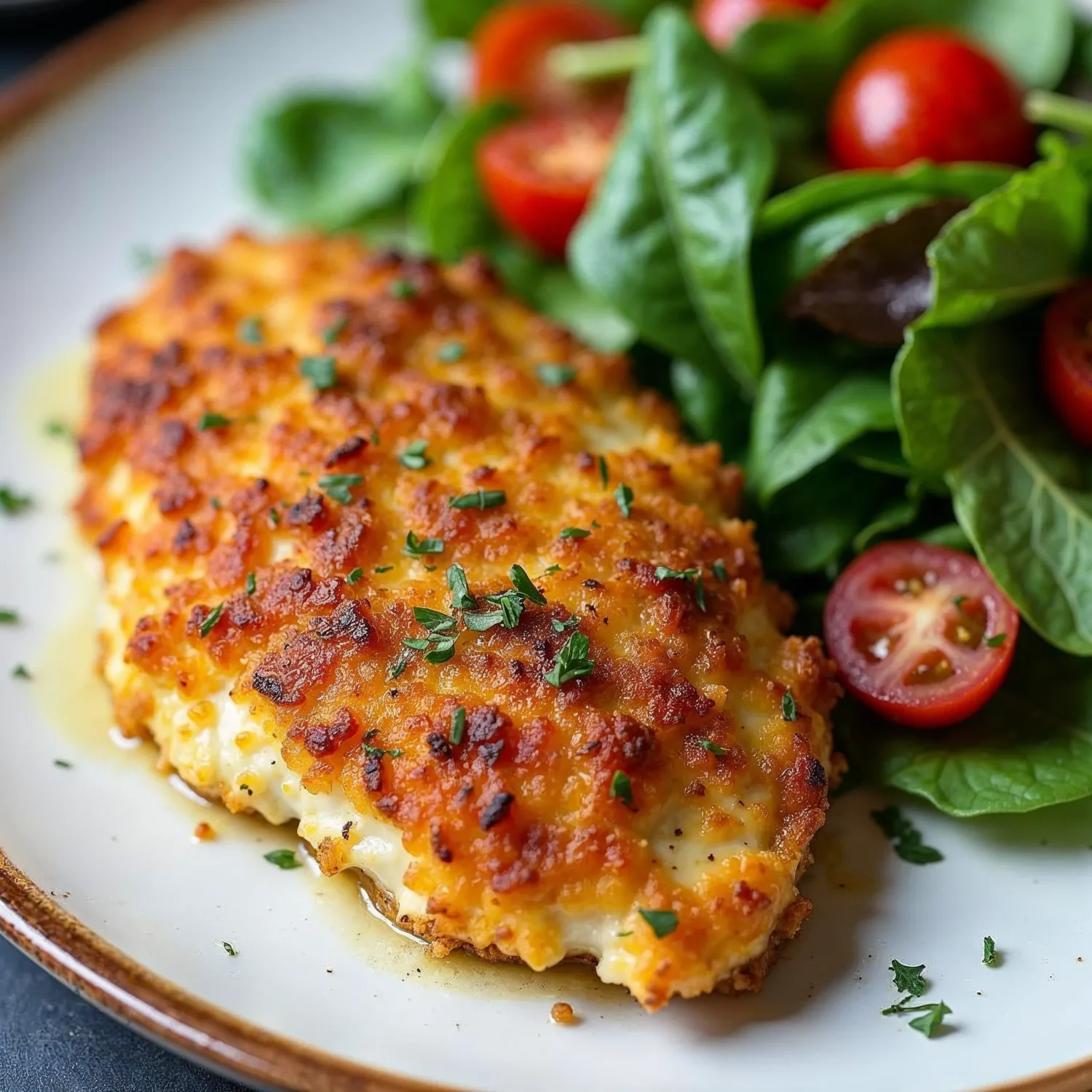 Parmesan-crusted chicken breast with fresh greens