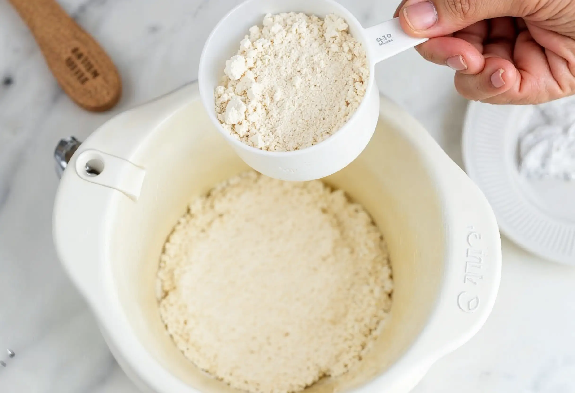 Adding wholemeal flour to a bread machine pan.