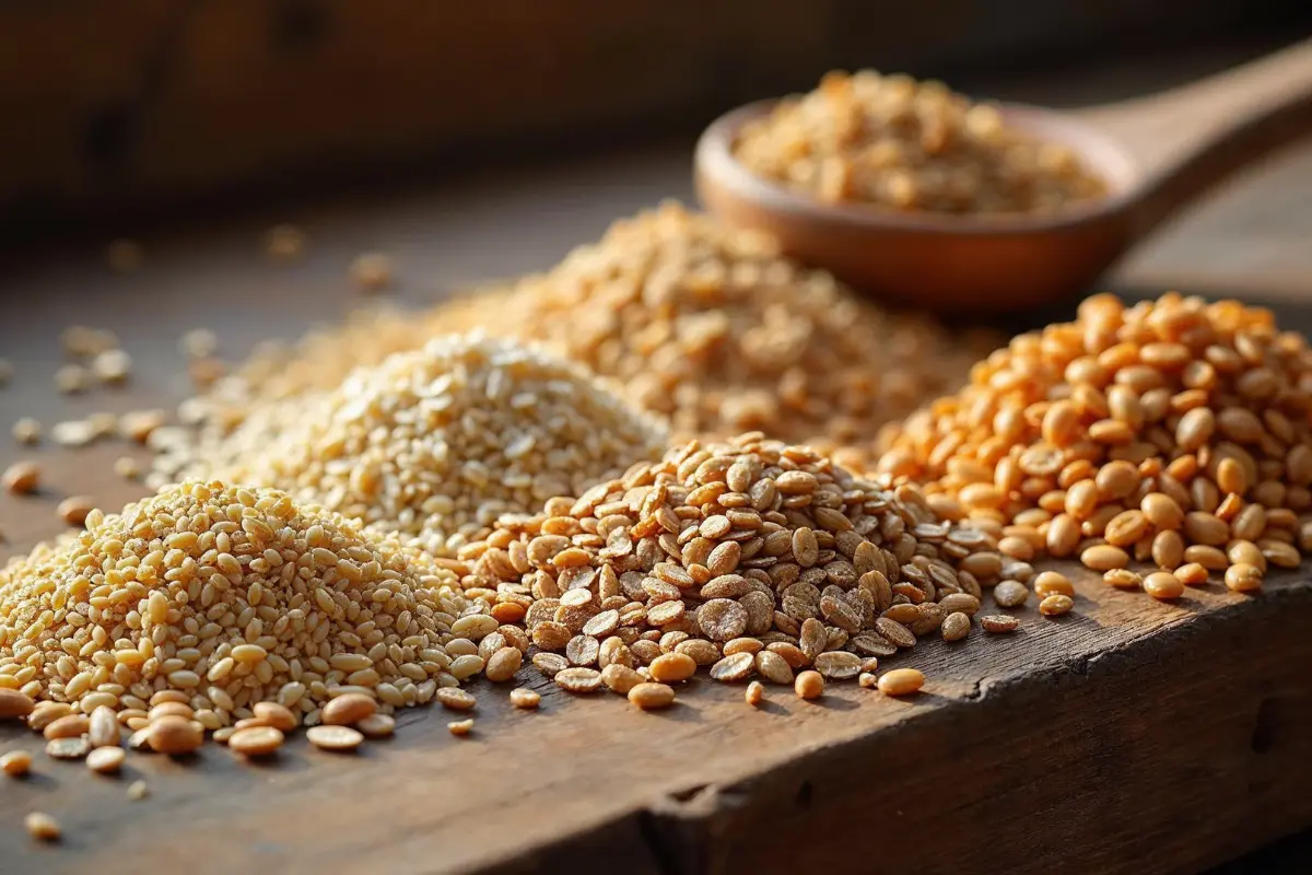 Whole grains including quinoa, oats, and barley displayed on a rustic wooden table.