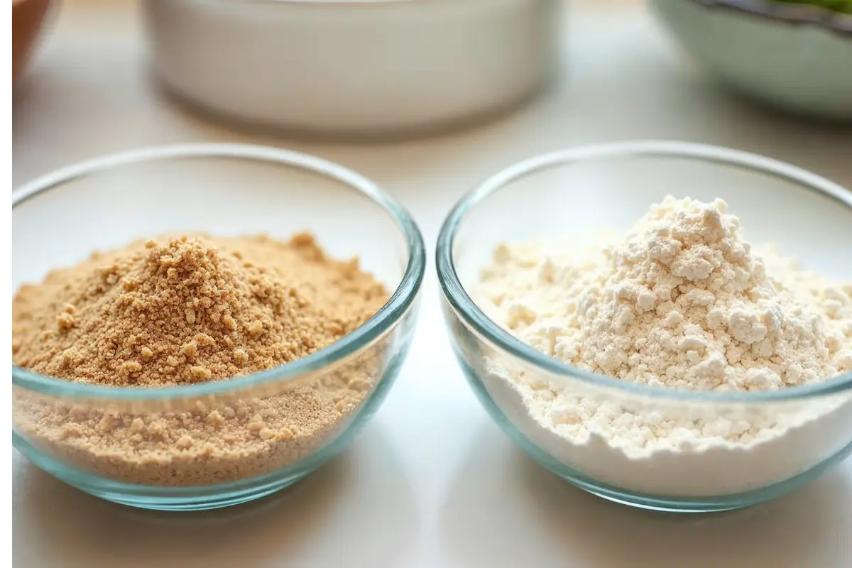 Wholemeal flour and whole wheat flour side-by-side in clear bowls showing their texture and color differences.