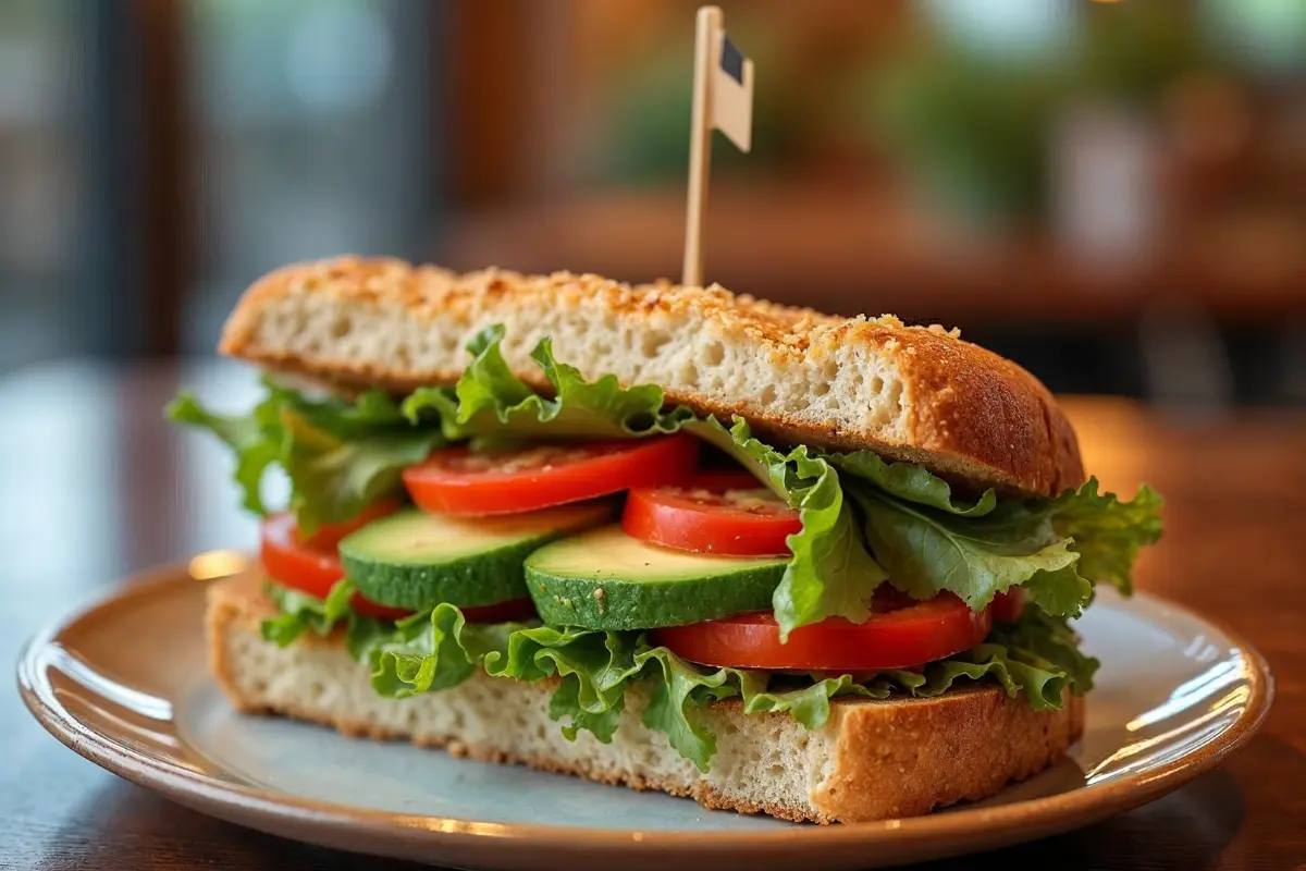 Healthy sandwich made with wholemeal bread, stuffed with fresh vegetables and avocado slices.