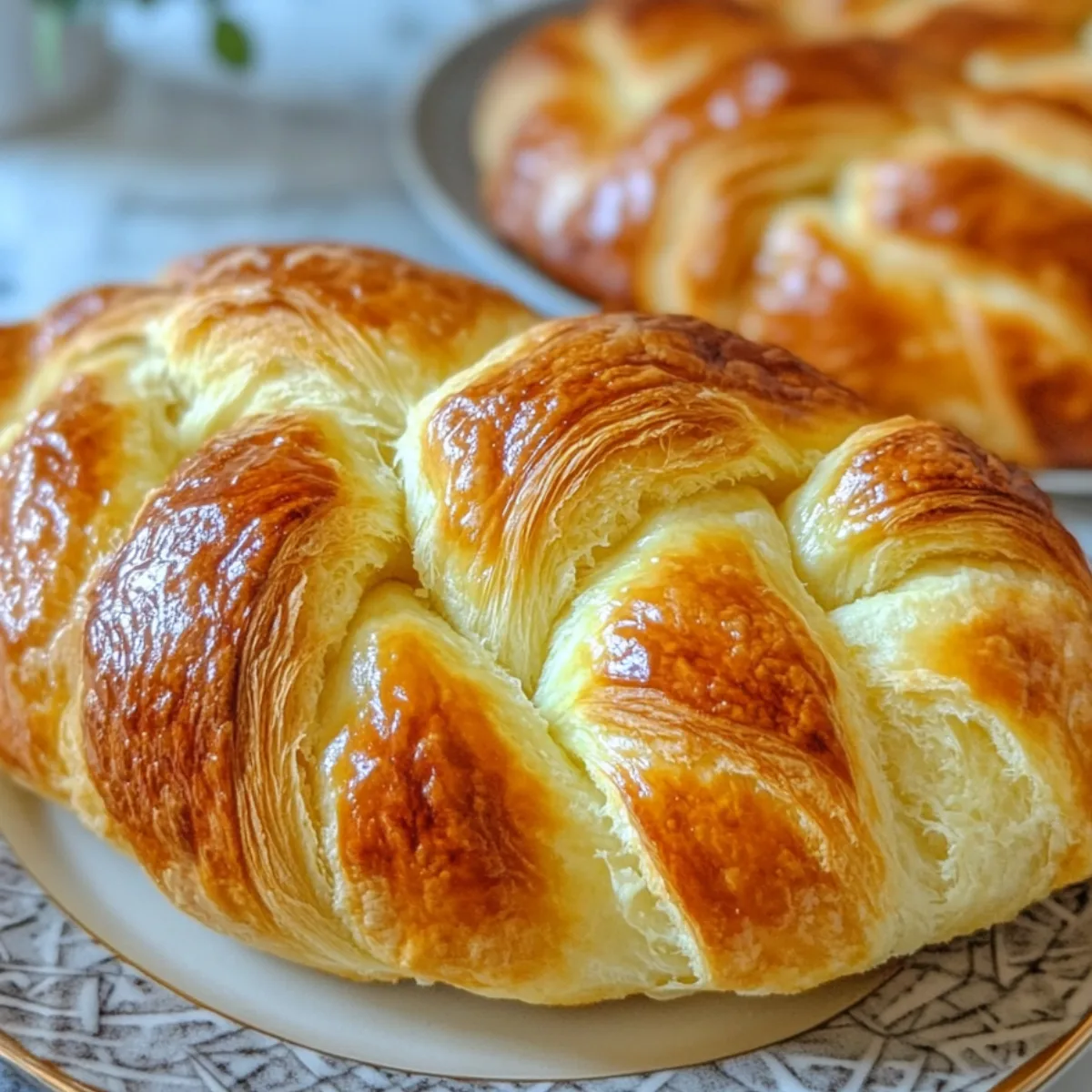 A golden-brown gipfeli resting on a plate beside a French croissant, showcasing their differences in texture and shape.