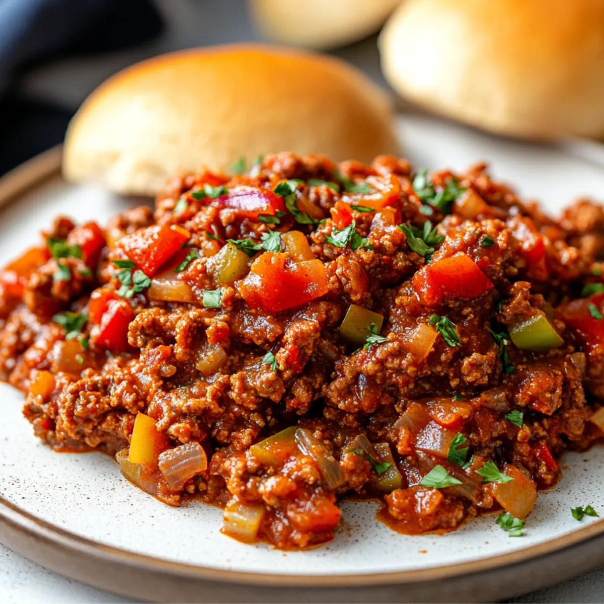 A plate of 3-Ingredient Sloppy Joes filling with added diced bell peppers, onions, and a sprinkle of spices for extra flavor.