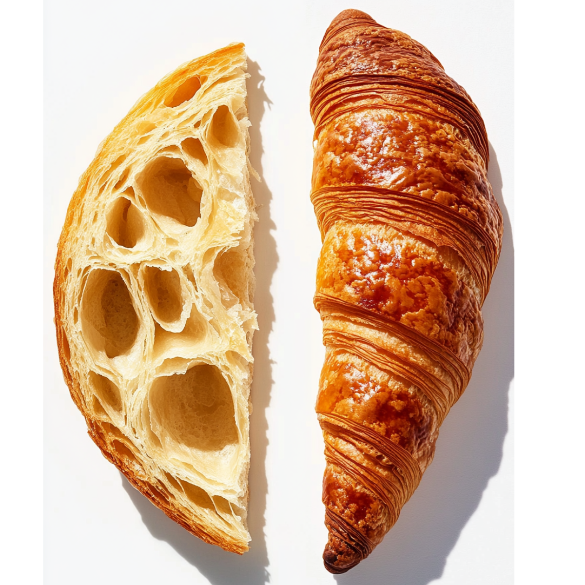 A split-open croissant revealing its soft interior, next to a flaky croissant with visible buttery layers.