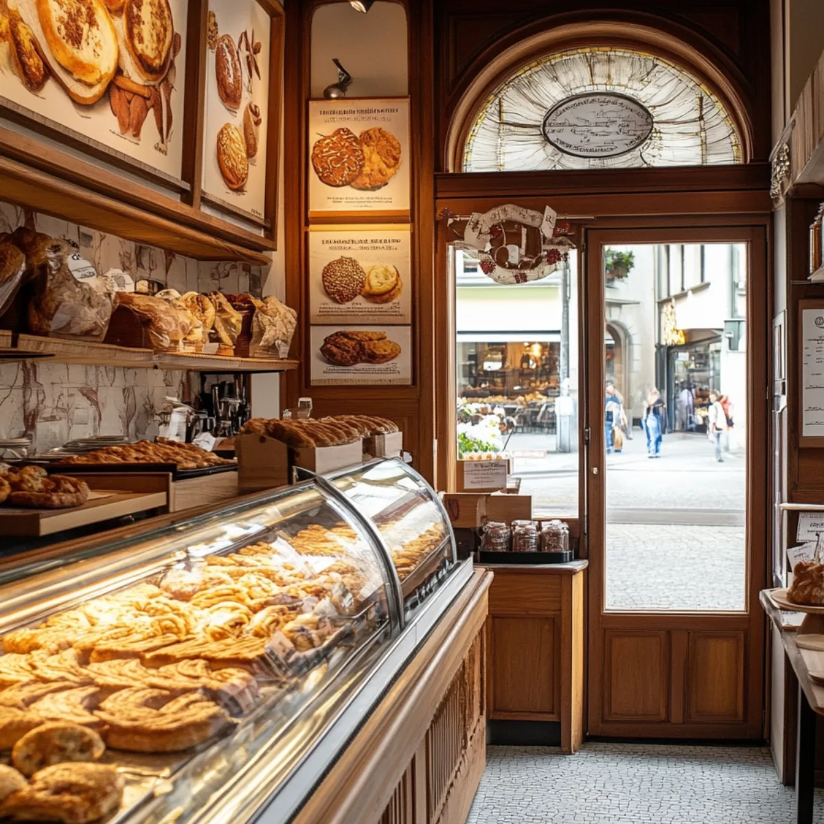 A vintage Swiss bakery displaying fresh gipfeli in the window, evoking the pastry’s deep-rooted history.