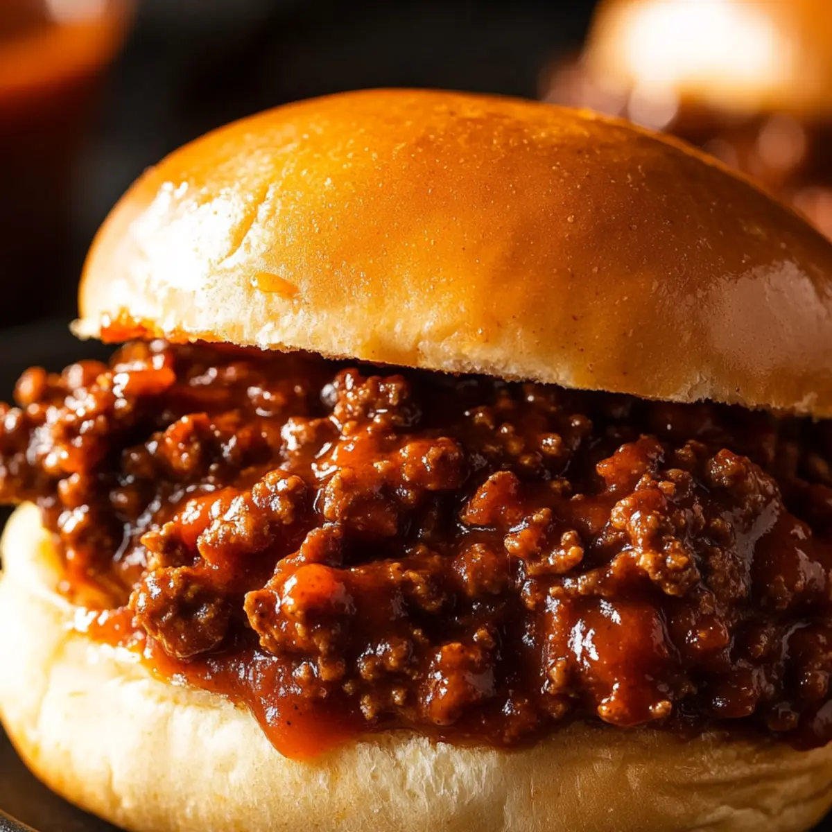 A close-up of a sloppy joe sandwich on a toasted bun, filled with saucy ground beef. The rich, tangy sauce glistens under the light, and a side of crispy potato chips completes the meal.