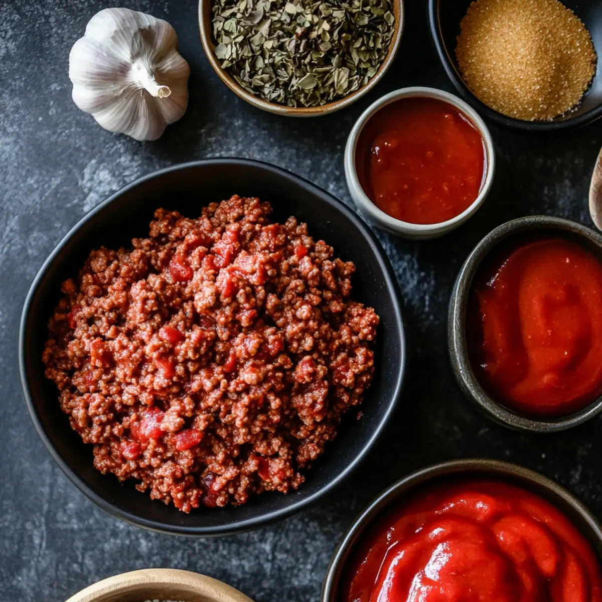 A skillet filled with browned ground beef being mixed with ketchup and brown sugar, creating a thick, saucy sloppy joe mixture.