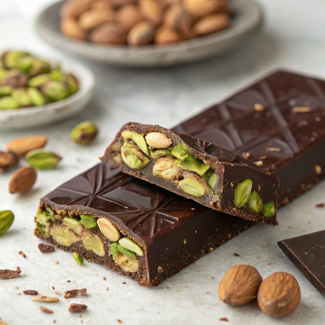 Slicing a Dubai chocolate bar with pistachio filling