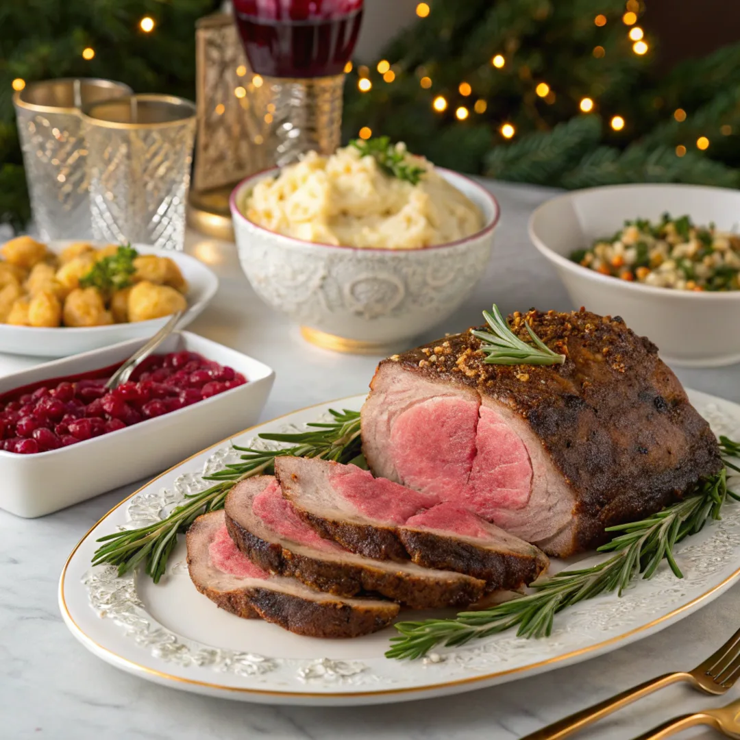 Holiday dinner spread with prime rib roast and festive side dishes