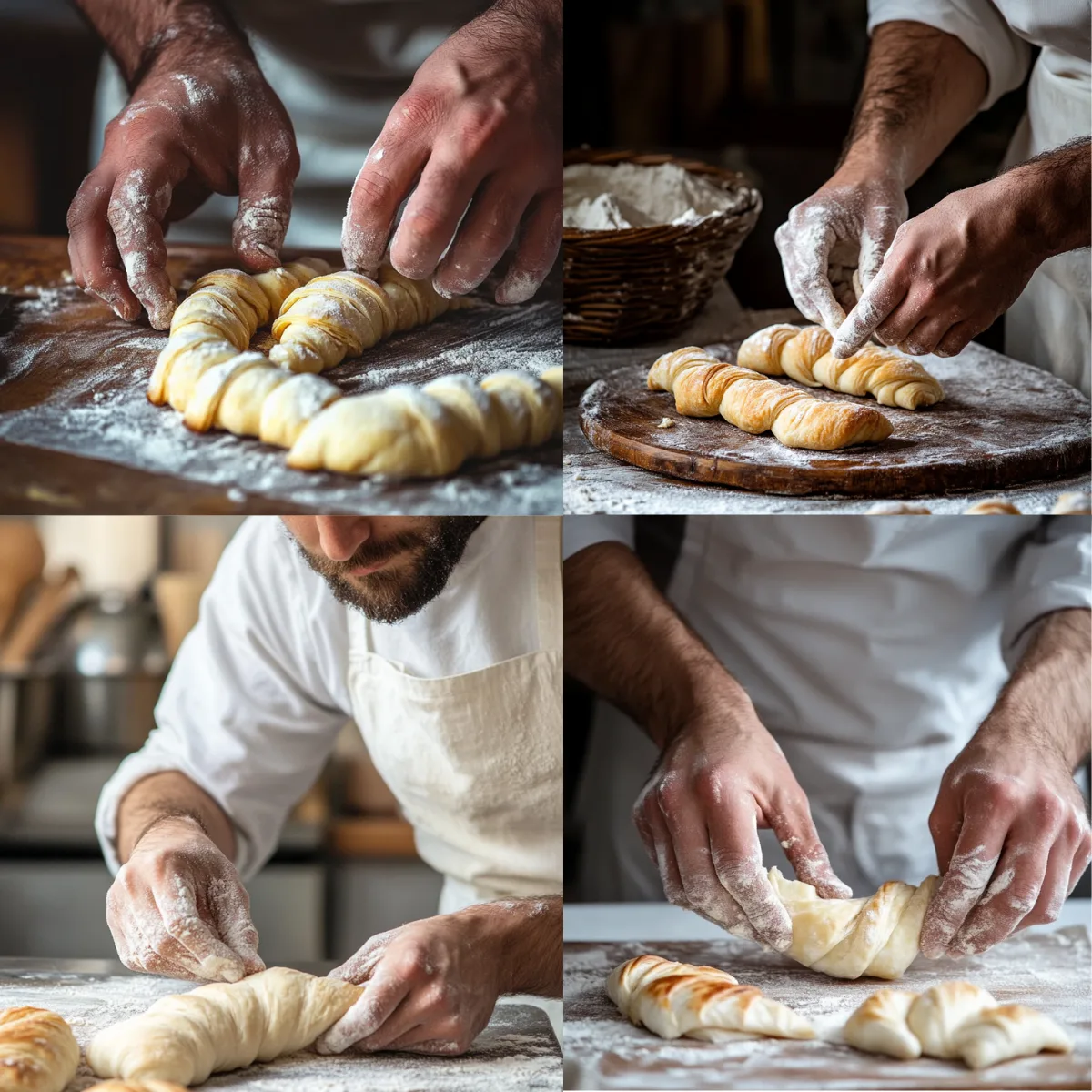 A baker rolling out recipe dough on a floured surface, preparing to shape the pastries.