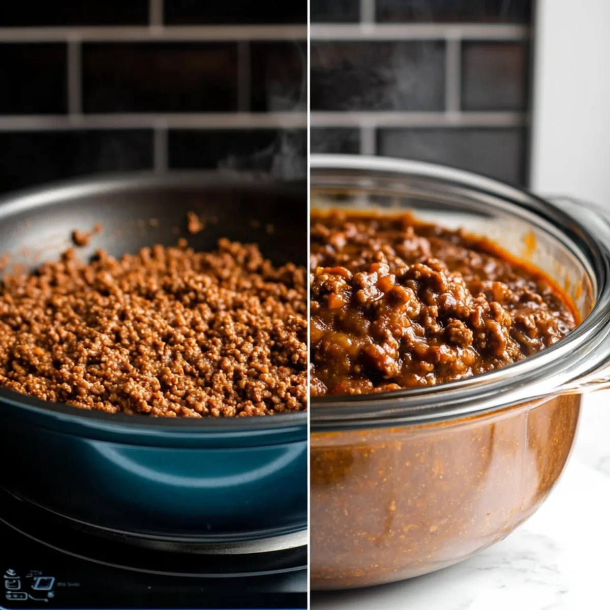 A side-by-side comparison of a homemade sloppy joe with fresh ingredients and a pre-packaged canned sloppy joe mix.