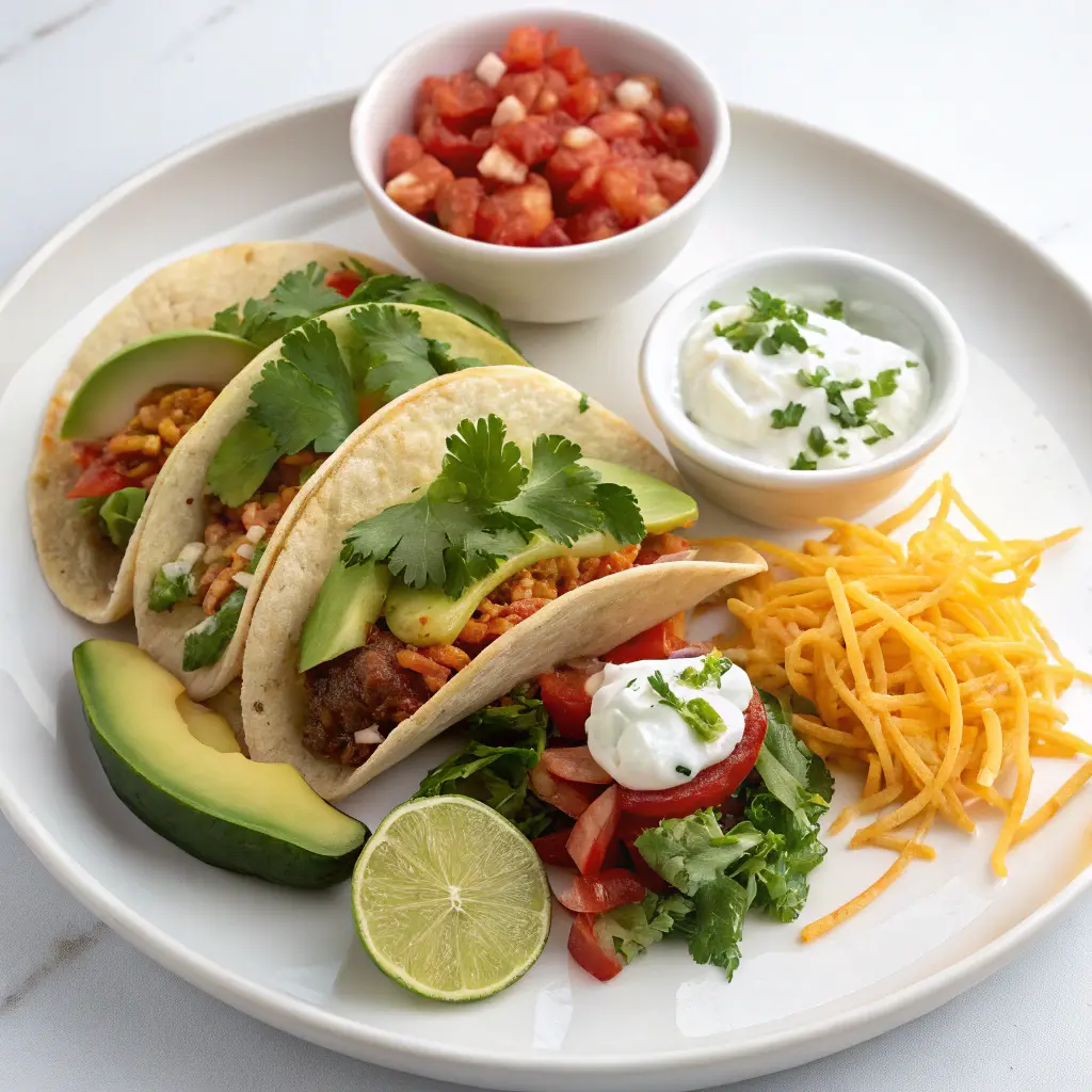 Close-up of crispy breaded cauliflower tacos with toppings.