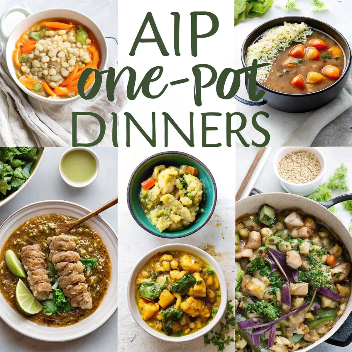 A hearty one-pot AIP dinner with chicken, sweet potatoes, and asparagus, simmering in a rich broth with fresh herbs.