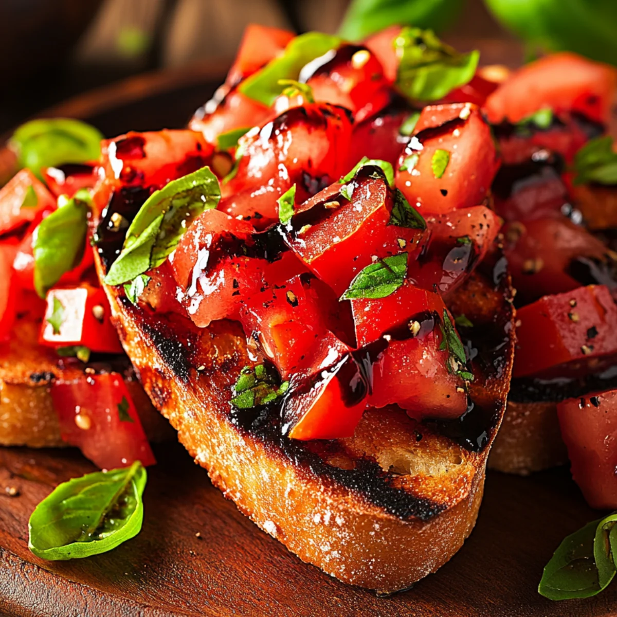 JustALittleBite recipe  , A plate of bite-sized bruschetta with diced tomatoes, basil, and balsamic glaze, arranged with fresh herbs and spices.