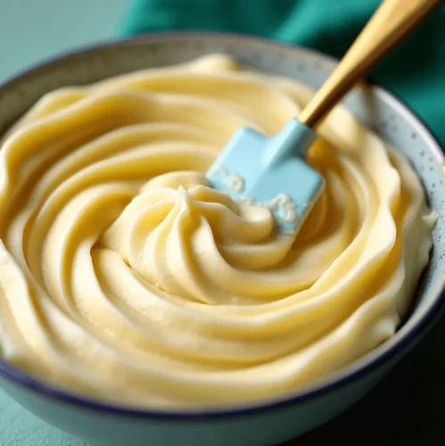 A mixing bowl filled with smooth cream cheese filling, stirred with a blue spatula, with bowls of fresh blueberries in the background