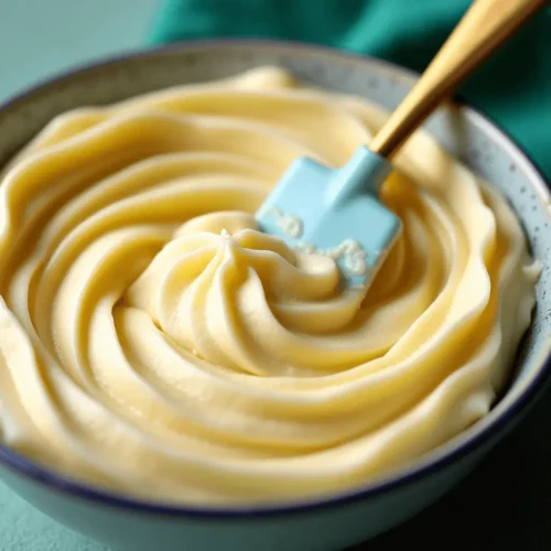 A mixing bowl filled with smooth cream cheese filling, stirred with a blue spatula, with bowls of fresh blueberries in the background