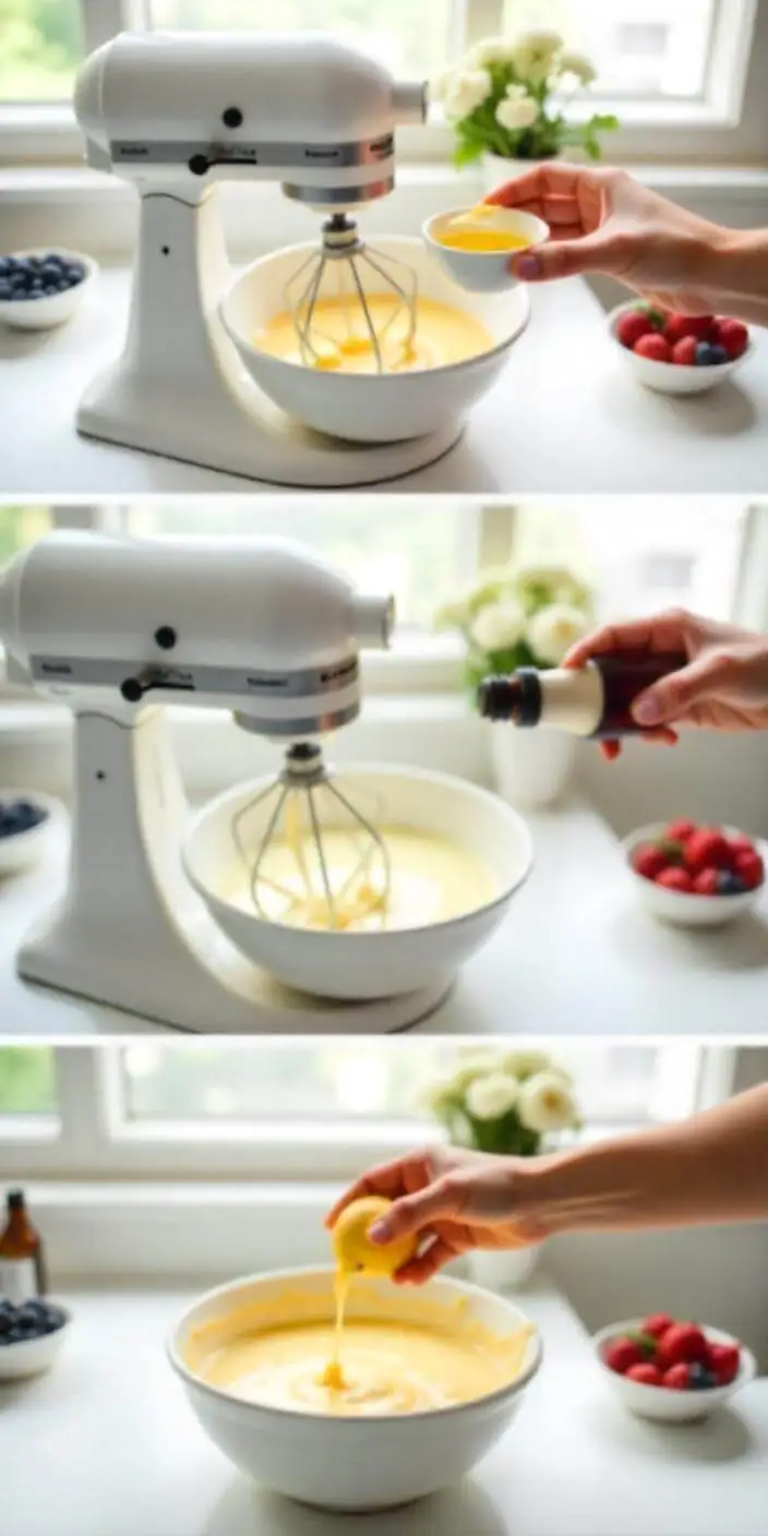 Make Cream Cheese Filling Step-by-step preparation of cream cheese filling recipe using a stand mixer, showing eggs, vanilla extract, and lemon juice being added.
