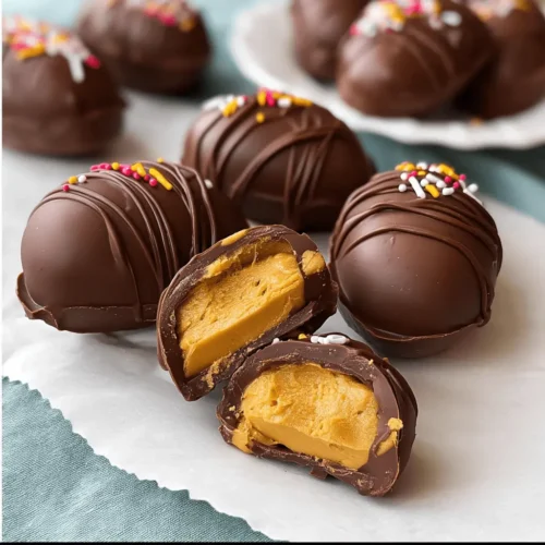 Close-up of homemade chocolate peanut butter eggs filled with a soft peanut butter mixture and decorated with sprinkles