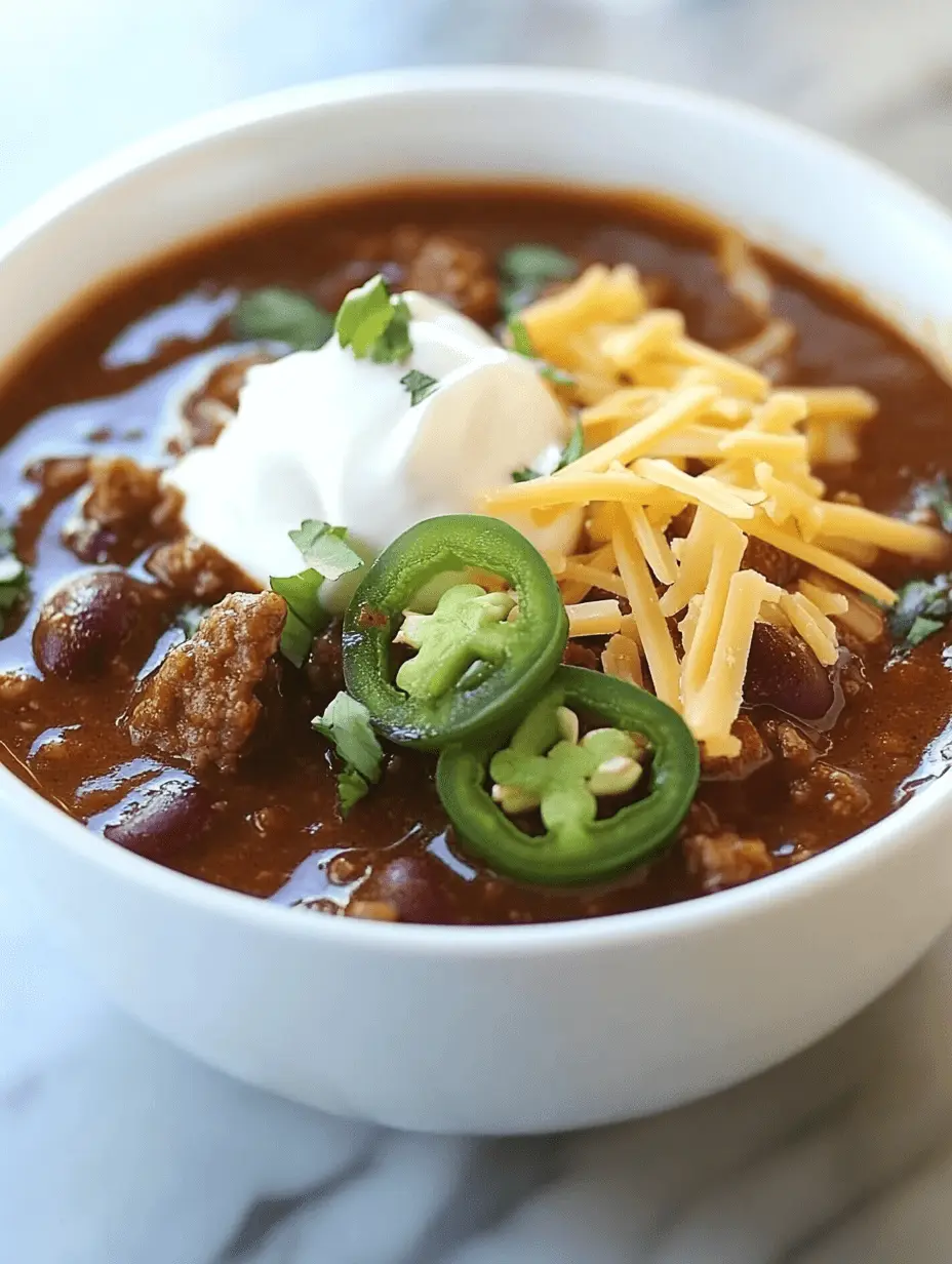 A delicious bowl of gluten-free chili topped with sour cream cheese and jalapeos