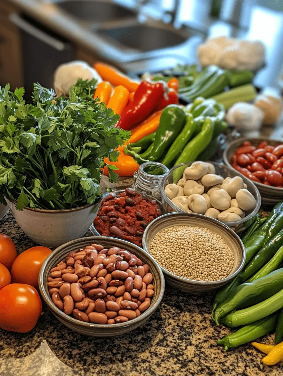 Gluten-free chili ingredients including vegetables beans and spices